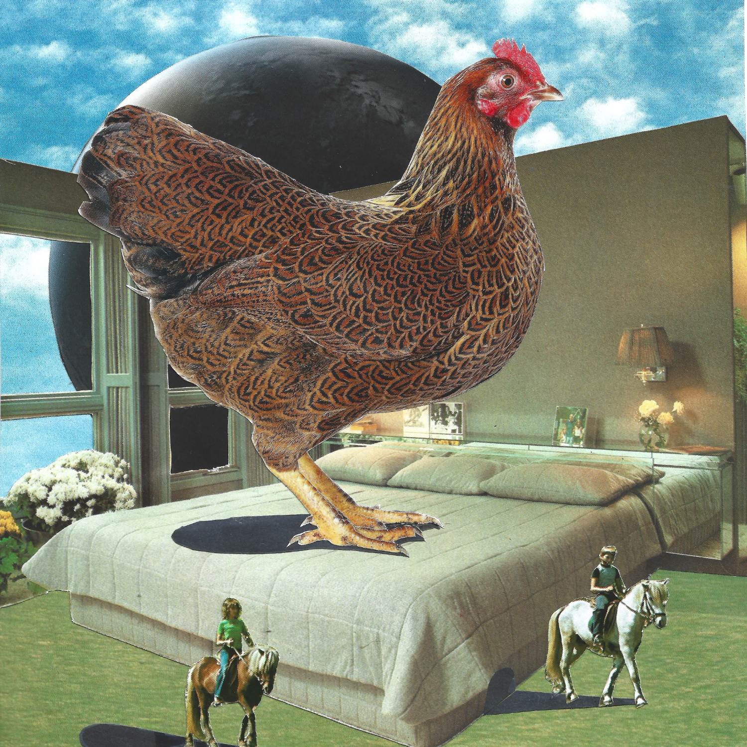 A surreal bedroom scene with a very large brown patterned hen standing on a bed, while two small riders on horseback appear in the room and a black planet looms in the sky.