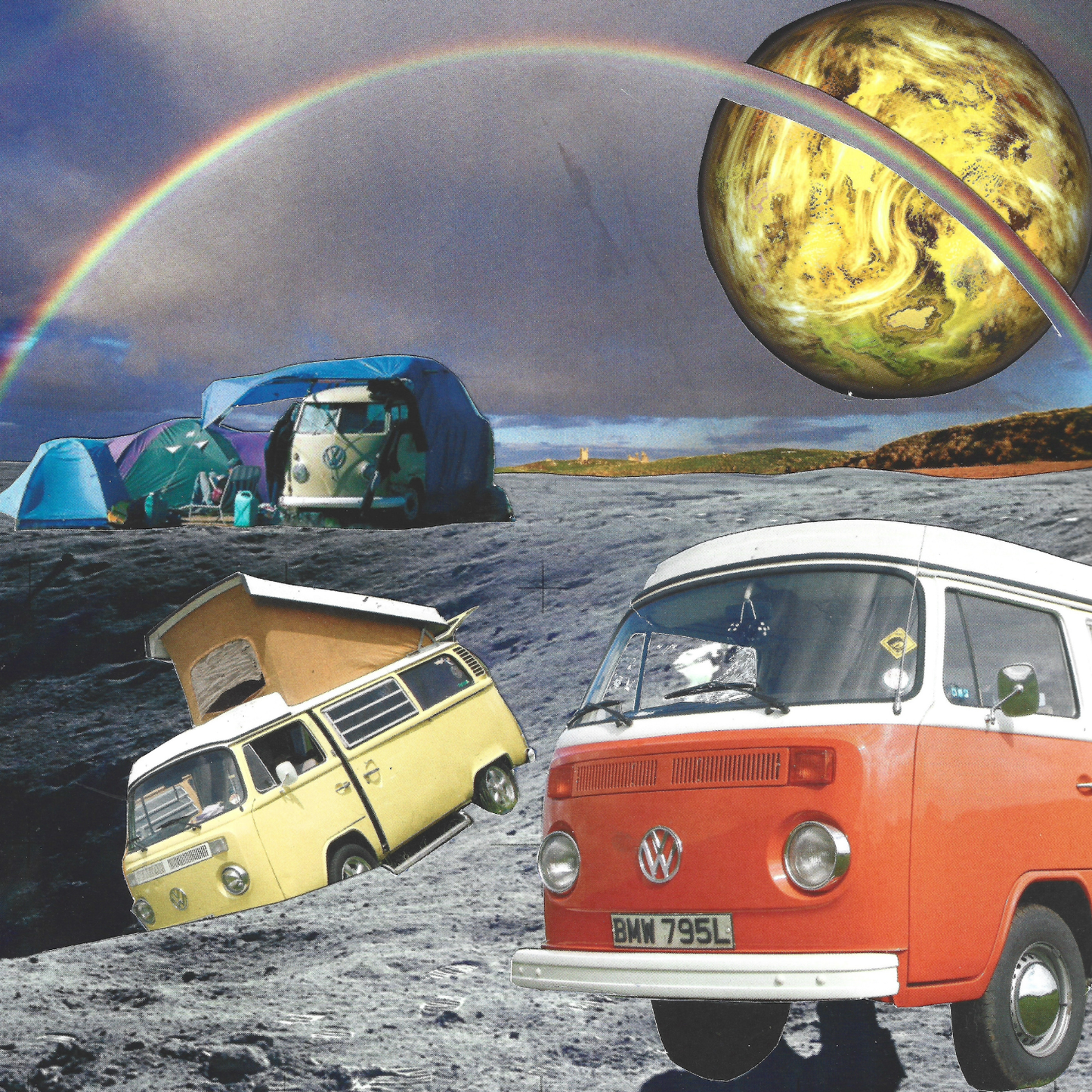 A surreal collage showing multiple vintage Volkswagen camper vans on a moon landscape under a dark sky with a rainbow and a large yellow planet. The most prominent subject is an orange-and-white VW bus in the lower right foreground, with other vans and tents scattered behind it.