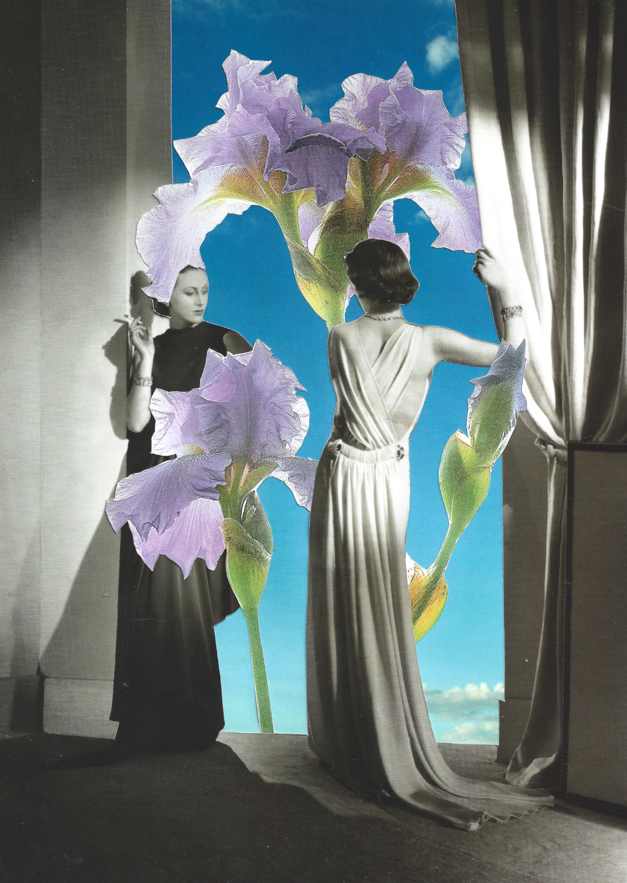 A surreal collage print showing two women in long formal dresses standing in a room with curtains, facing a giant iris flower that reaches from the floor to the ceiling against a bright blue sky background.