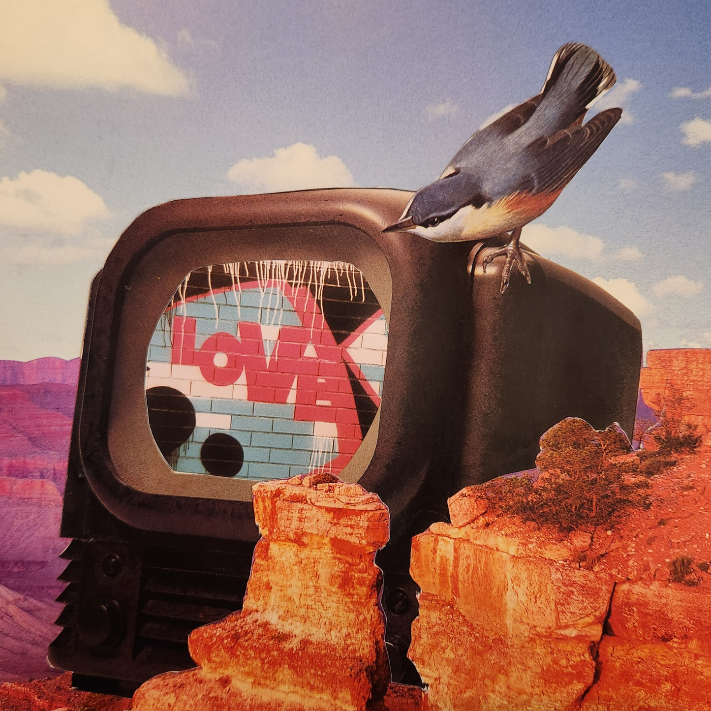 A surreal collage showing a vintage television set in red rock formations in a desert landscape, with a bird perched on top and the screen displaying a brick wall and the word 'LOVE' in pink.