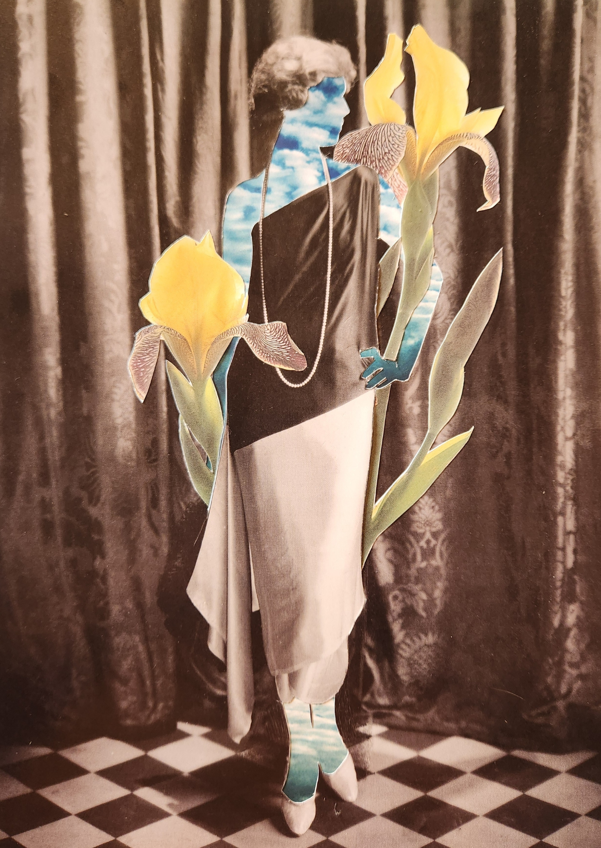 A collage print of a woman made of sky standing in front of a dark curtain, wearing a long draped dress in black and white, with oversized yellow irises and green leaves around her.