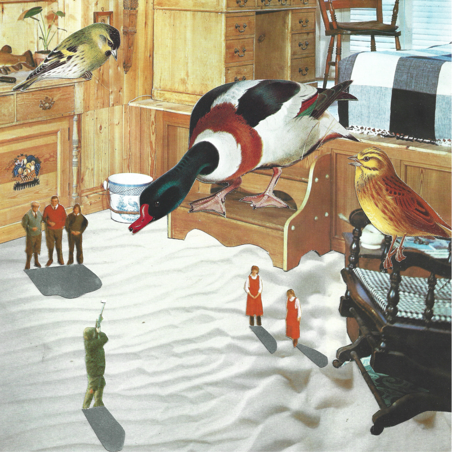 A surreal collage showing a large duck with black, white, red, and green plumage perched on wooden furniture in a kitchen, alongside several small birds and tiny human figures on a white floor.