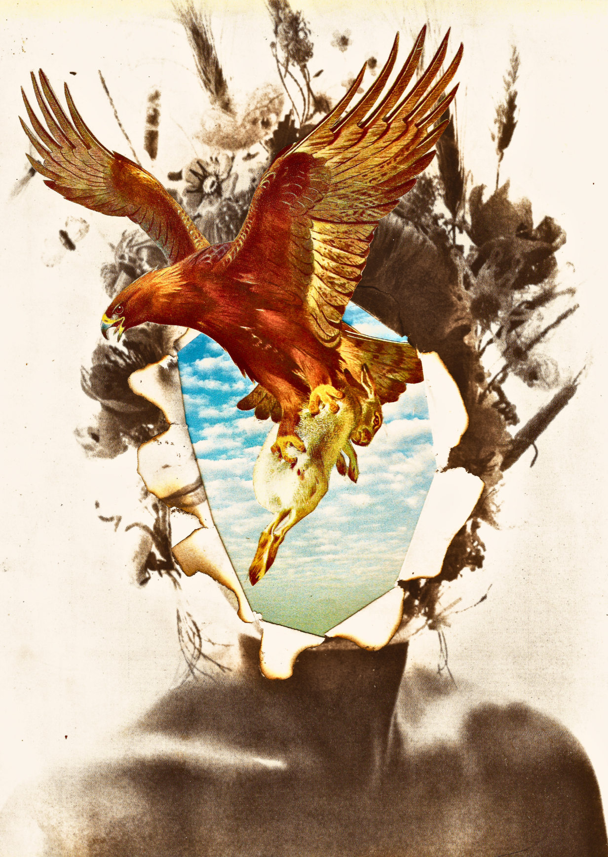 Surreal collage print featuring a golden eagle clutching a rabbit, with its wings forming a tear in a sepia-toned human figure and revealing a blue sky and grassy field.