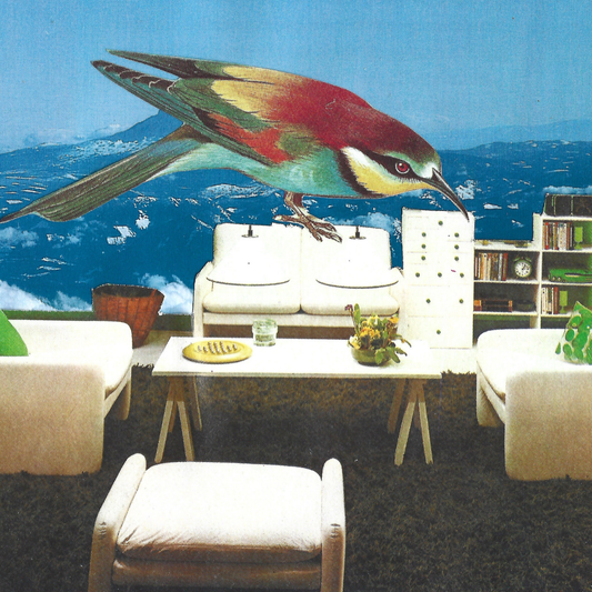 A surreal living room scene with oversized white seating, a coffee table, shelving, and a large colorful bird in front of blue mountains.