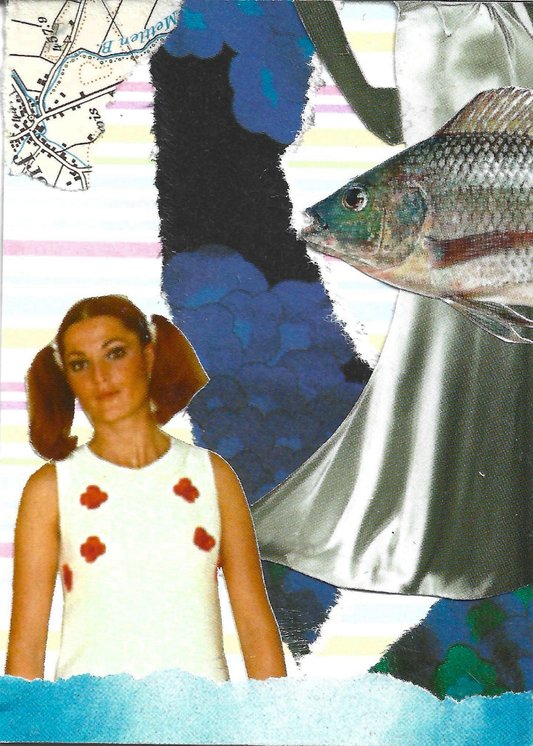A collage featuring a woman in a white sleeveless top with red floral motifs, a large fish on the right, blue and black abstract shapes, and a map-like illustration in the upper left.