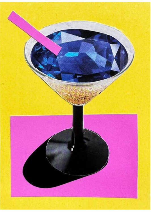 Collage of a cocktail glass with a blue gem in it on a yellow and pink background